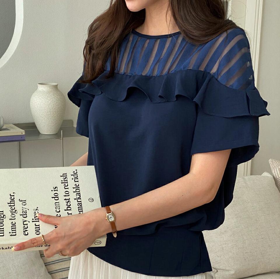 フリルシアーショルダーブラウス・全3色・b00030 レディース 【bl】 トップス ブラウス フリル シアー 透け感 シースルー 半袖 ハーフスリーブ ストライプ柄 カジュアル 春 夏 韓国 ファッション ハイホリHIHOLLI