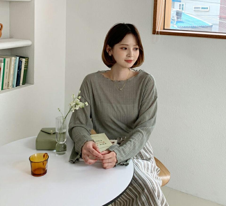 ウェーブリブTシャツ・全4色・t57639 レディース 【tops】 トップス Tシャツ 長袖 ウェーブ リブ シンプル ルーズ ゆったり ラフ カジュアル 春 秋 韓国 ファッション