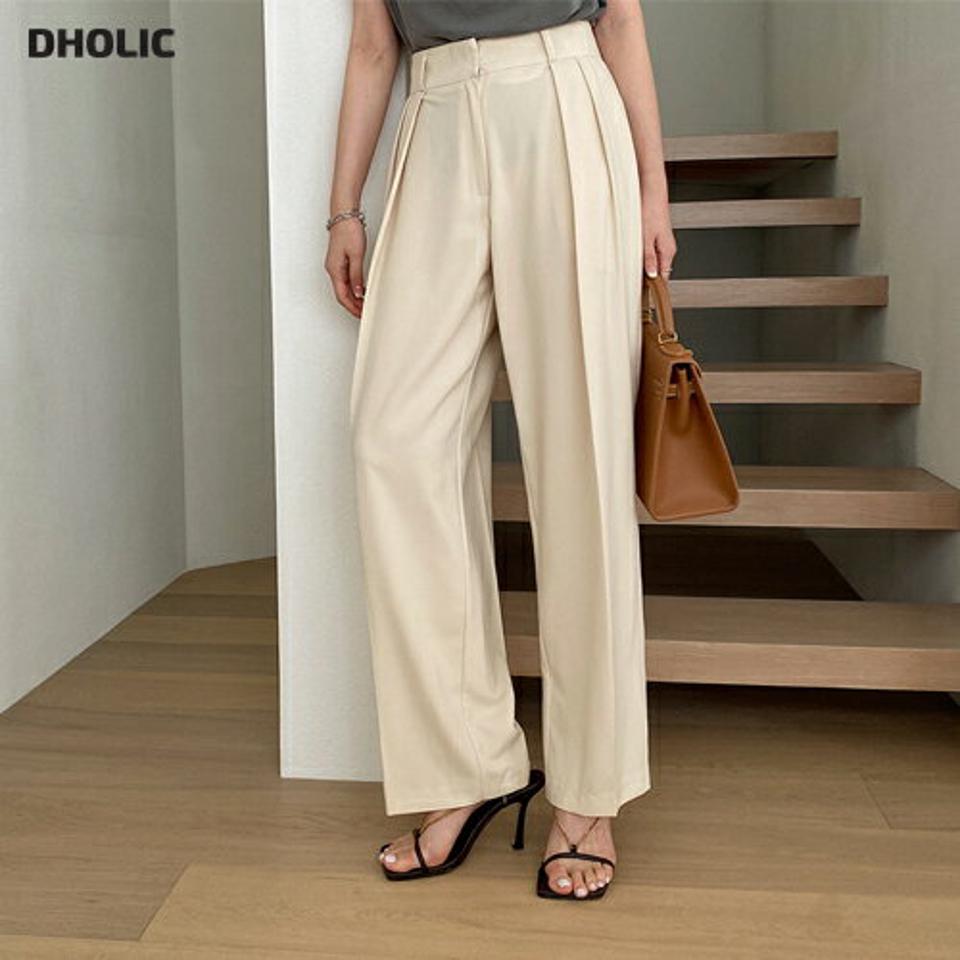 【全品10%OFF】ストレートタックスラックスパンツ・全2色・t00048 レディース 【pt】【スラックス パンツ ズボン ロングパンツ タック ストレート 単色 無地 シンプル 大人 春 夏 韓国 ファッション】【ハイホリHIHOLLI】