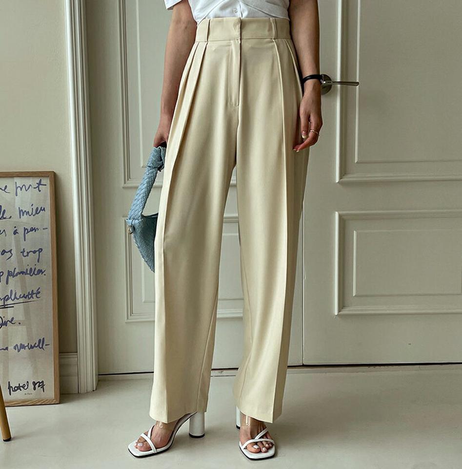 【全品10%OFF】ストレートタックスラックスパンツ・全2色・t00048 レディース 【pt】【スラックス パンツ ズボン ロングパンツ タック ストレート 単色 無地 シンプル 大人 春 夏 韓国 ファッション】【ハイホリHIHOLLI】