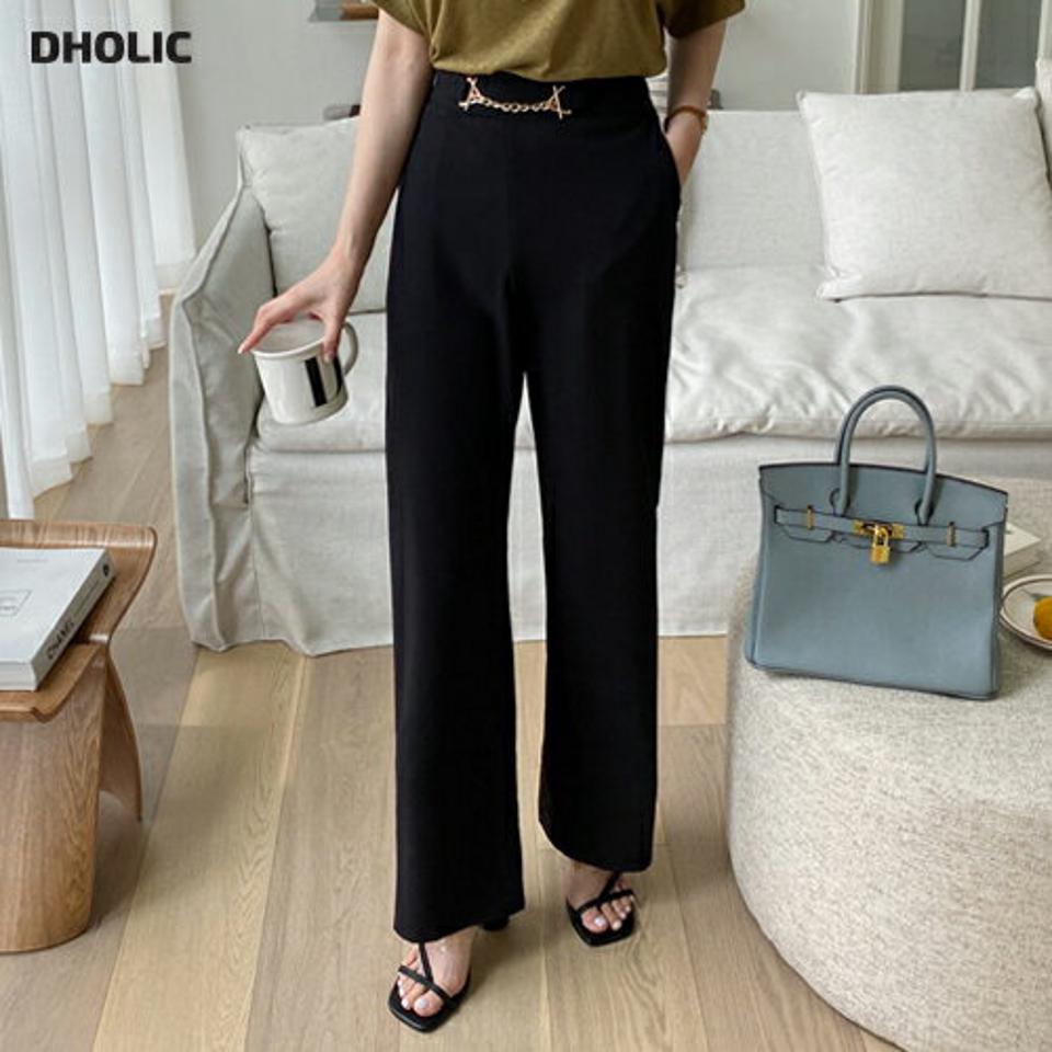 チェーンポイントストレートパンツ・全2色・t00046 レディース 【pt】 パンツ ズボン ロングパンツ ストレート 単色 無地 シンプル チェーン カジュアル 大人 春 夏 韓国 ファッション ハイホリHIHOLLI