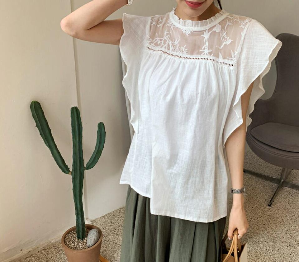 2WAYリボンフレアブラウス・全2色・b69147 レディース 【bl】 トップス ブラウス フレア りぼん 前後着用自由 シアー 透け感 シースルー フェミニン 可愛い かわいい フリル スリーブレス ノースリーブ 春 夏 韓国 ファッション ハイホリHIHOLLI