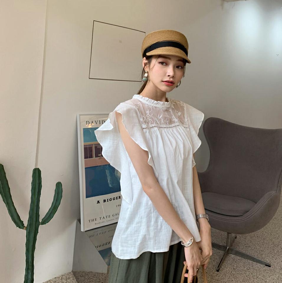 2WAYリボンフレアブラウス・全2色・b69147 レディース 【bl】 トップス ブラウス フレア りぼん 前後着用自由 シアー 透け感 シースルー フェミニン 可愛い かわいい フリル スリーブレス ノースリーブ 春 夏 韓国 ファッション ハイホリHIHOLLI