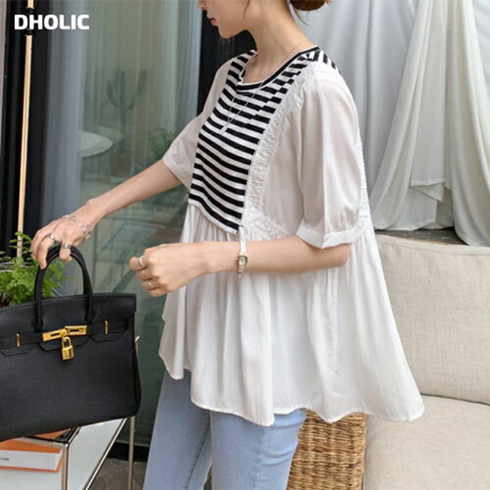 2TYPE配色ブラウス・全2色・b69146 レディース 【bl】 トップス ブラウス 半袖 ハーフスリーブ ボーダー柄 単色 無地 体型カバー フレア ドロップショルダー 春 夏 韓国 ファッション ハイホリHIHOLLI