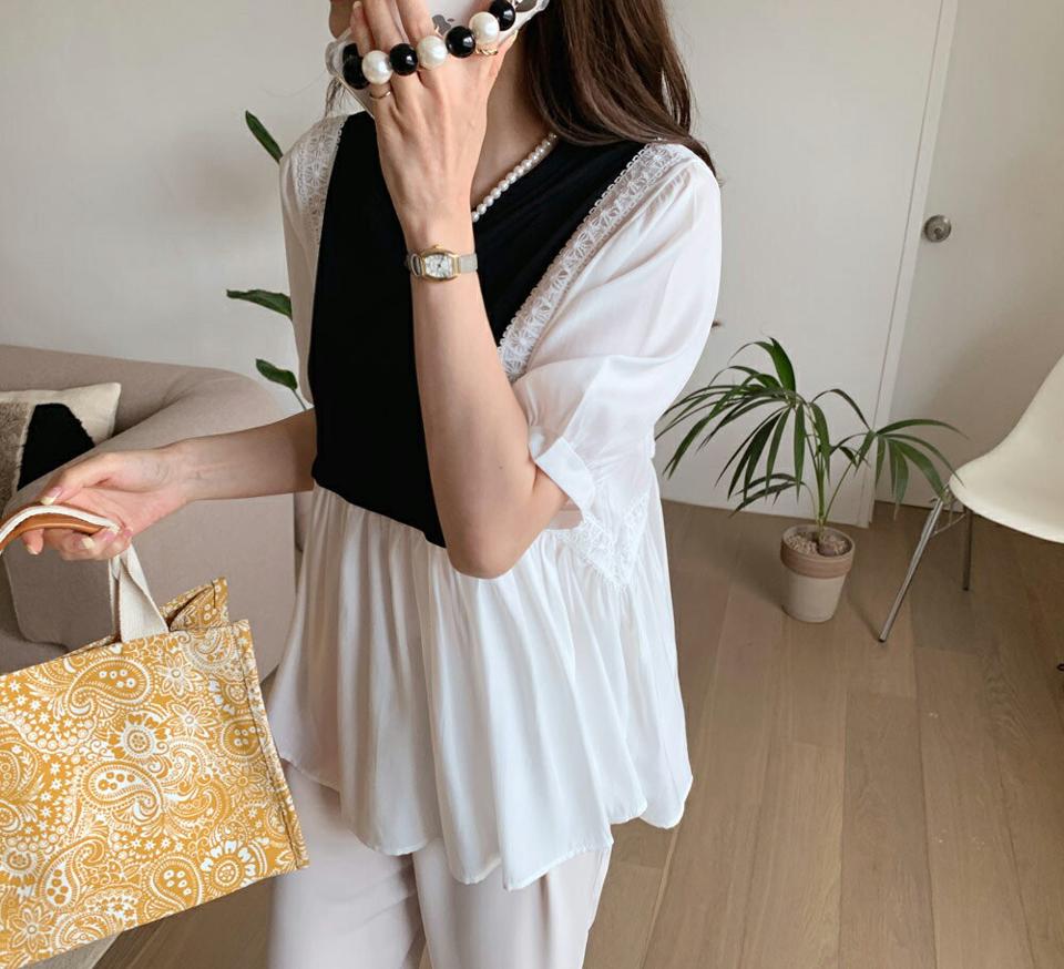 2TYPE配色ブラウス・全2色・b69146 レディース 【bl】 トップス ブラウス 半袖 ハーフスリーブ ボーダー柄 単色 無地 体型カバー フレア ドロップショルダー 春 夏 韓国 ファッション ハイホリHIHOLLI