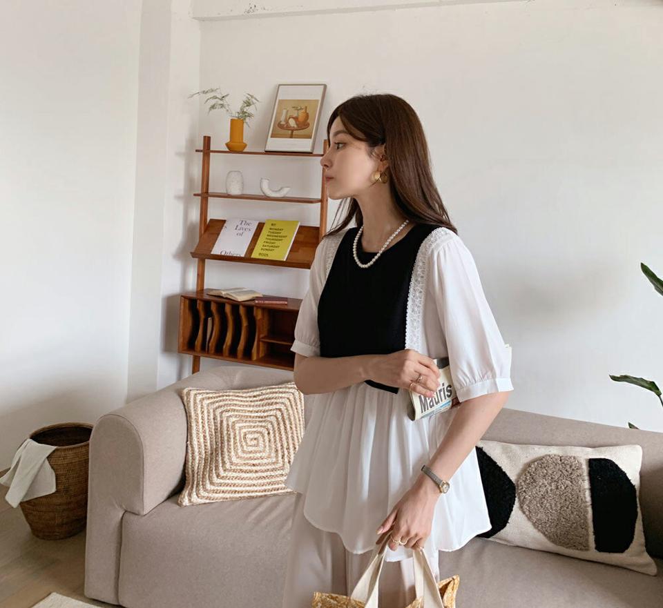 2TYPE配色ブラウス・全2色・b69146 レディース 【bl】 トップス ブラウス 半袖 ハーフスリーブ ボーダー柄 単色 無地 体型カバー フレア ドロップショルダー 春 夏 韓国 ファッション ハイホリHIHOLLI