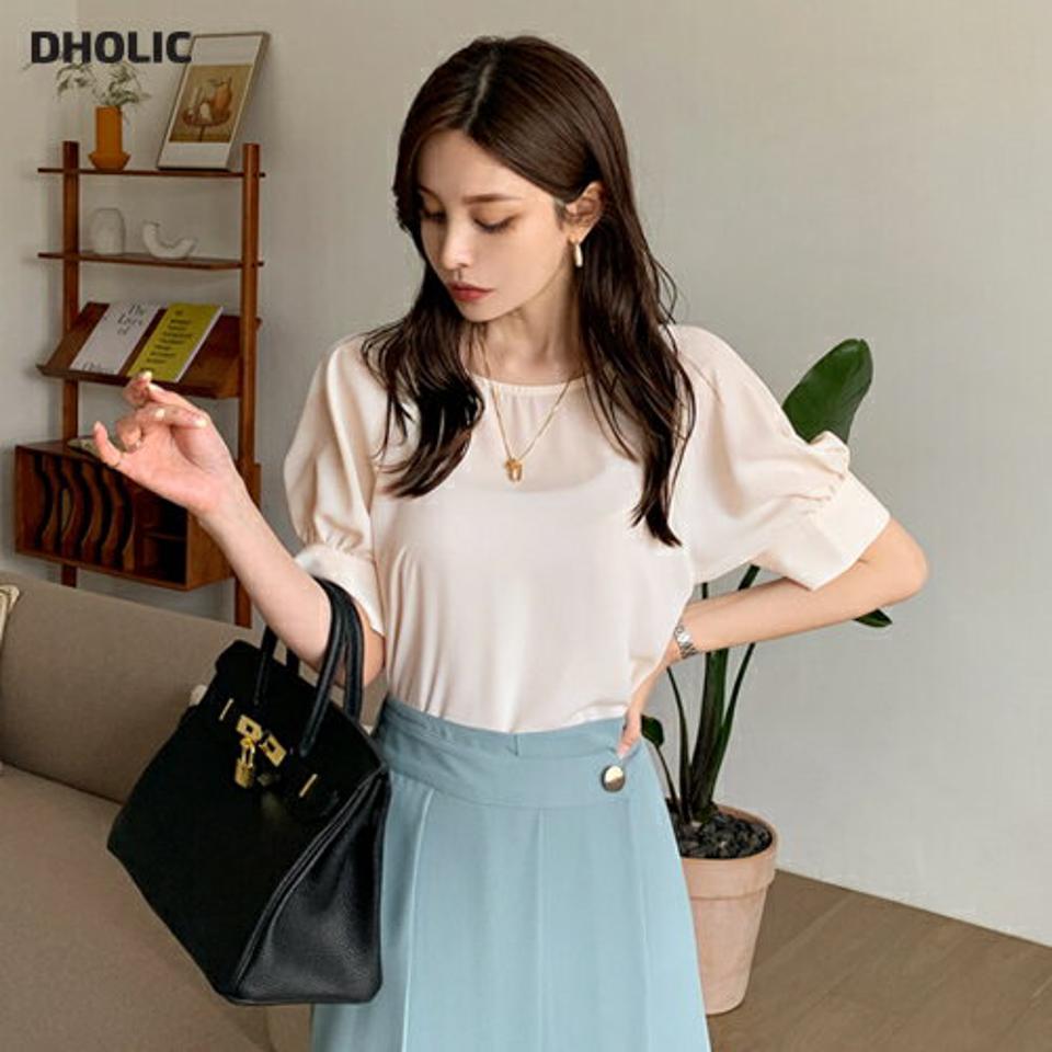 ラウンドボタンブラウス・全3色・t69149 レディース 【bl】 トップス ブラウス 半袖 ハーフスリーブ 単色 無地 シンプル フェミニン オフィスカジュアル ギャザー 上品 春 夏 韓国ファッション ハイホリHIHOLLI