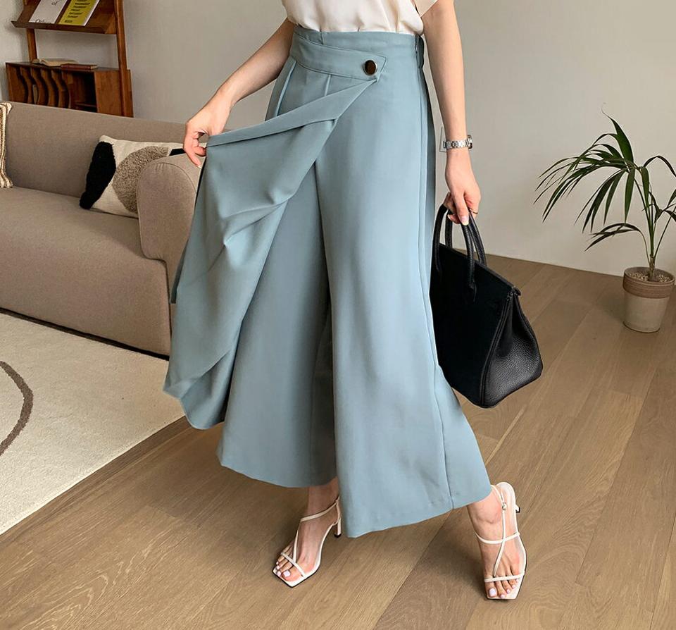 タックボタンラップパンツ・全4色・b69162 レディース 【pt】 パンツ ズボン ラップパンツ ロングパンツ ワイド ラップデザイン タック 単色 無地 シンプル 大人 春 夏 韓国 ファッション ハイホリHIHOLLI