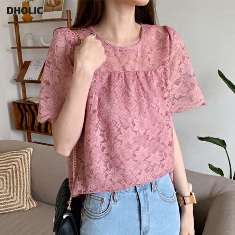 レースフレアブラウス・全3色・b69150 レディース 【bl】 トップス ブラウス 半袖 レース 総レース フェミニン フレア 上品 可愛い かわいい 透け感 シースルー シアー 春 夏 韓国 ファッション ハイホリHIHOLLI