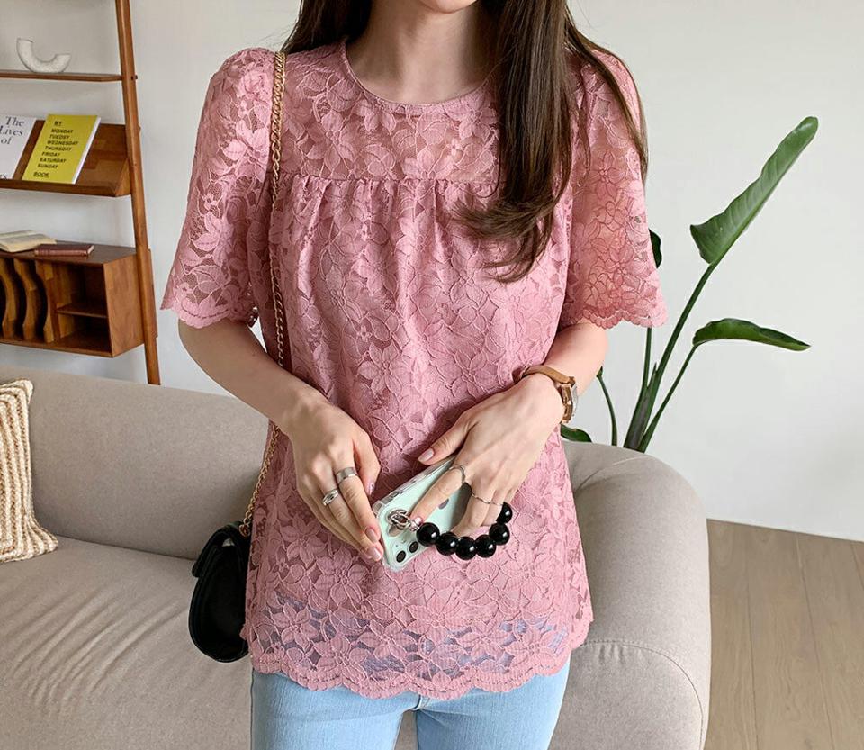 レースフレアブラウス・全3色・b69150 レディース 【bl】 トップス ブラウス 半袖 レース 総レース フェミニン フレア 上品 可愛い かわいい 透け感 シースルー シアー 春 夏 韓国 ファッション ハイホリHIHOLLI