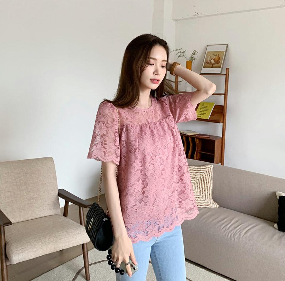 レースフレアブラウス・全3色・b69150 レディース 【bl】 トップス ブラウス 半袖 レース 総レース フェミニン フレア 上品 可愛い かわいい 透け感 シースルー シアー 春 夏 韓国 ファッション ハイホリHIHOLLI