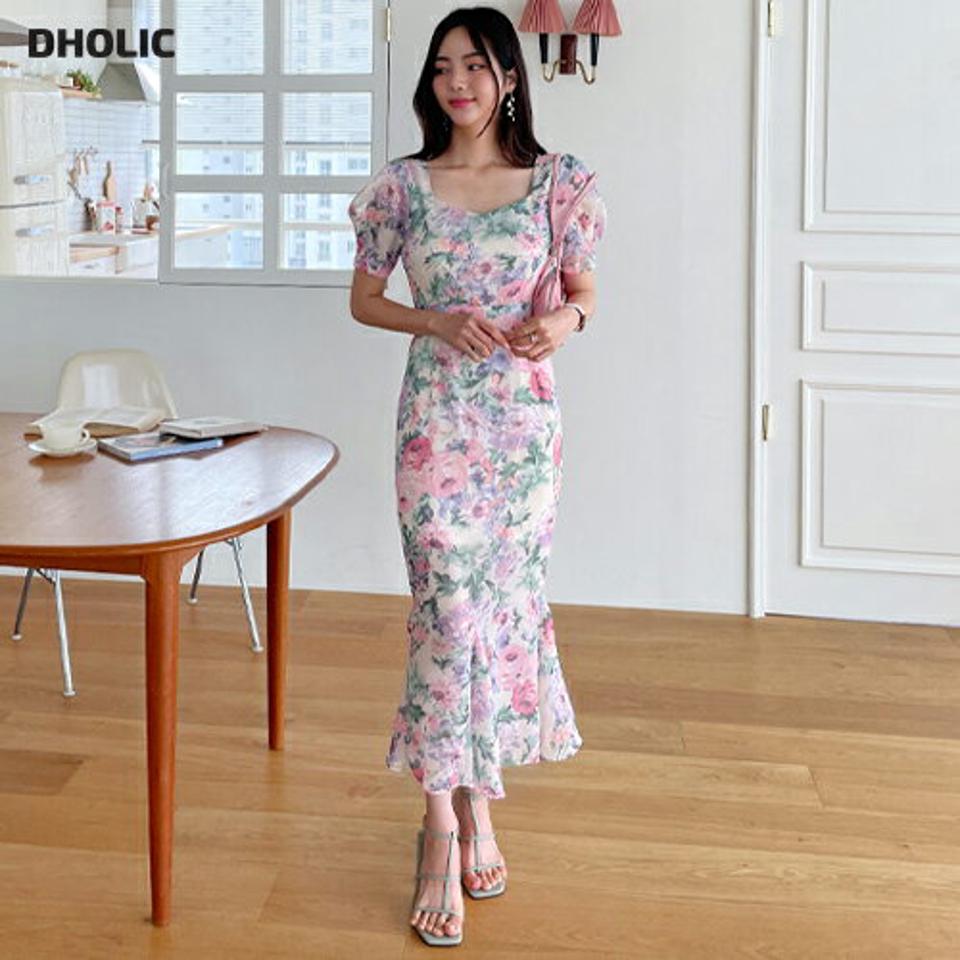 花柄マーメイドワンピース・全2色・t65567 レディース 【ops】 ワンピース ロング 半袖 フェミニン 花柄 マーメイド 可愛い かわいい ガーリー デコルテ 鎖骨 春 夏 韓国 ファッション