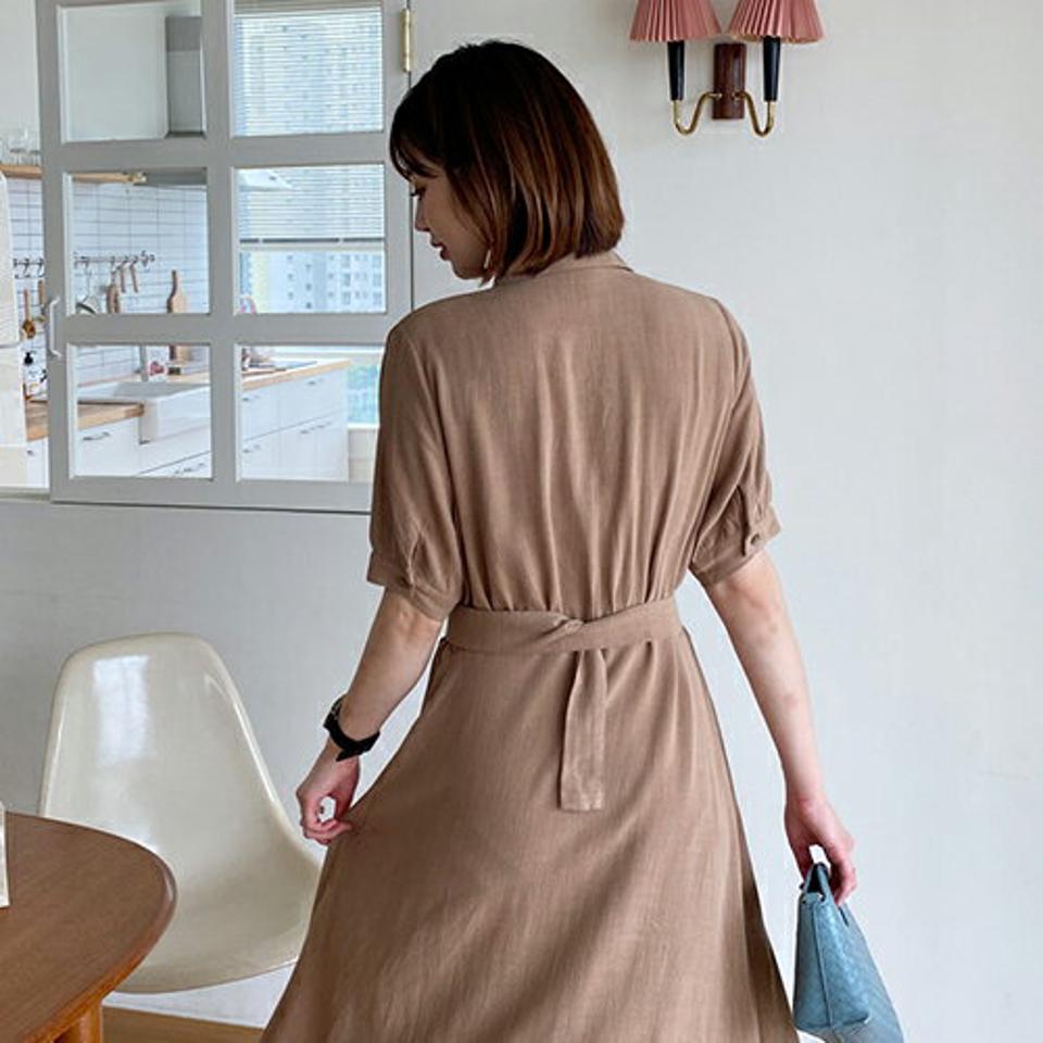 ベルト付リネン混ワンピース・全3色・b65569 レディース 【ops】 ワンピース ロング 半袖 ハーフスリーブ リネン ベルト 単色 無地 シンプル ギャザー 春 夏 韓国 ファッション