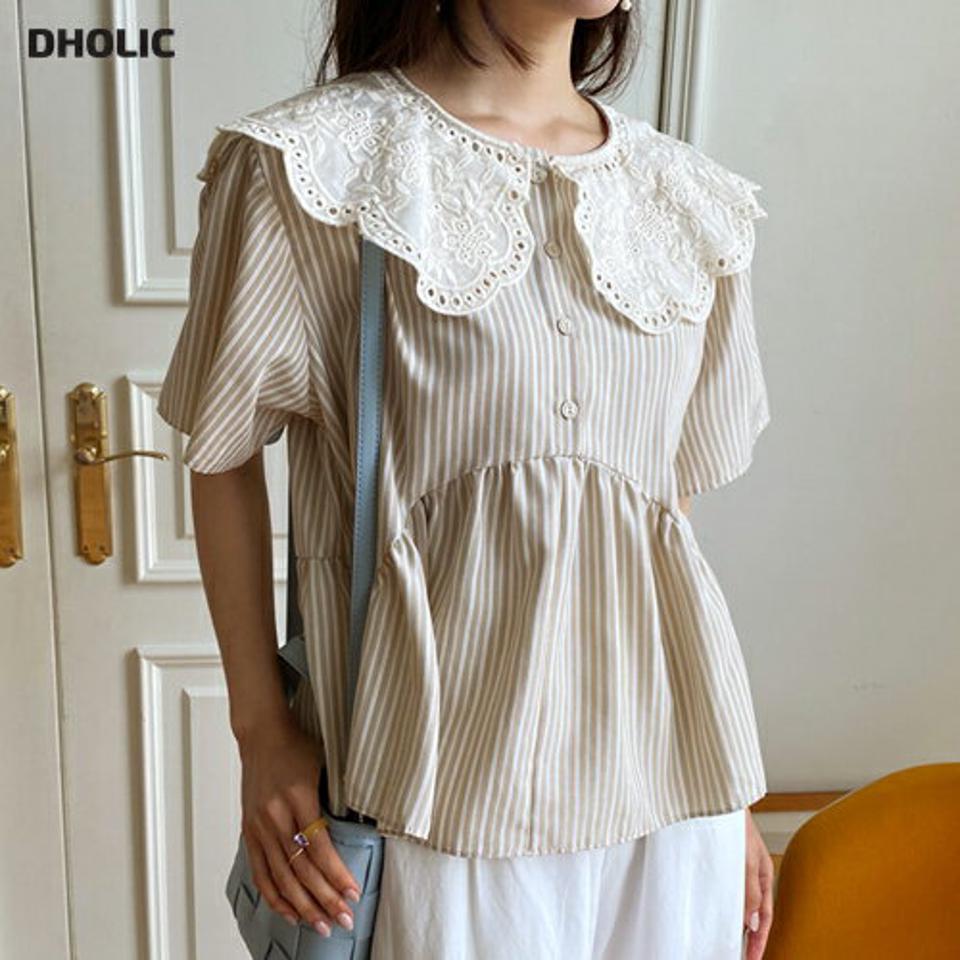 レースカラーストライプブラウス・全2色・t65565 レディース 【bl】【トップス ブラウス 半袖 ハーフスリーブ ストライプ柄 レースカラー 襟コンシャス ガーリー レース 可愛い かわいい 春 夏 韓国 ファッション】