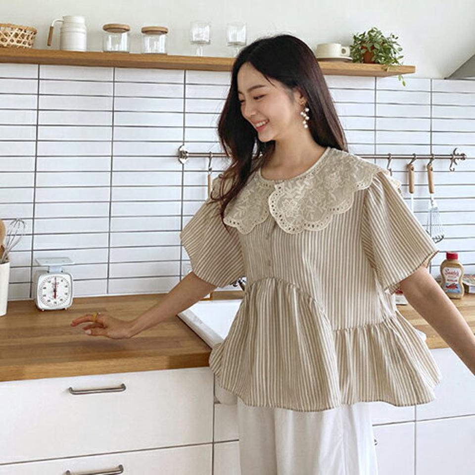 レースカラーストライプブラウス・全2色・t65565 レディース 【bl】【トップス ブラウス 半袖 ハーフスリーブ ストライプ柄 レースカラー 襟コンシャス ガーリー レース 可愛い かわいい 春 夏 韓国 ファッション】