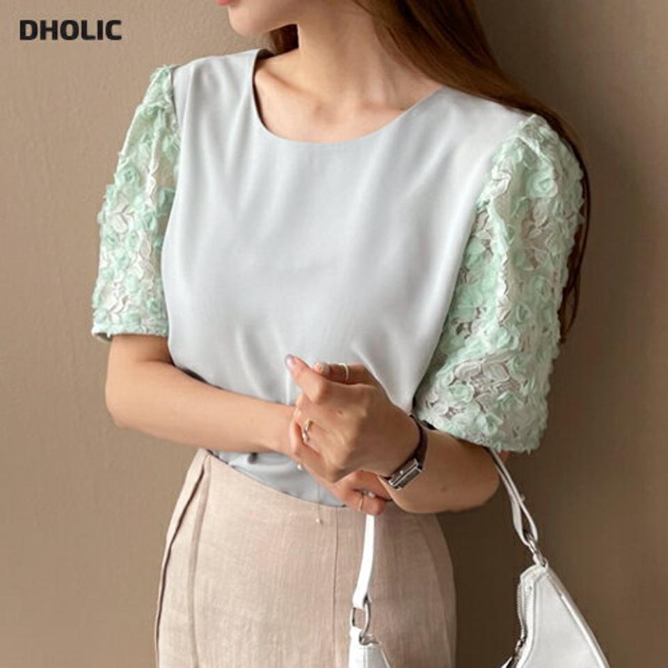 ローズスリーブブラウス・全4色・69119 レディース 【bl】 トップス ブラウス 半袖 ハーフスリーブ 花柄 フラワー フェミニン 可愛い かわいい メッシュ 涼し気 大人 春 夏 韓国 ファッション ハイホリHIHOLLI