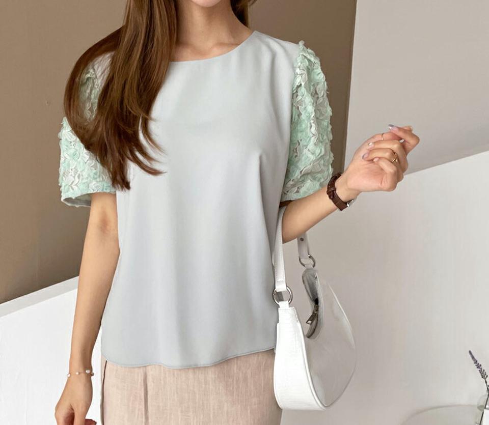 ローズスリーブブラウス・全4色・69119 レディース 【bl】 トップス ブラウス 半袖 ハーフスリーブ 花柄 フラワー フェミニン 可愛い かわいい メッシュ 涼し気 大人 春 夏 韓国 ファッション ハイホリHIHOLLI