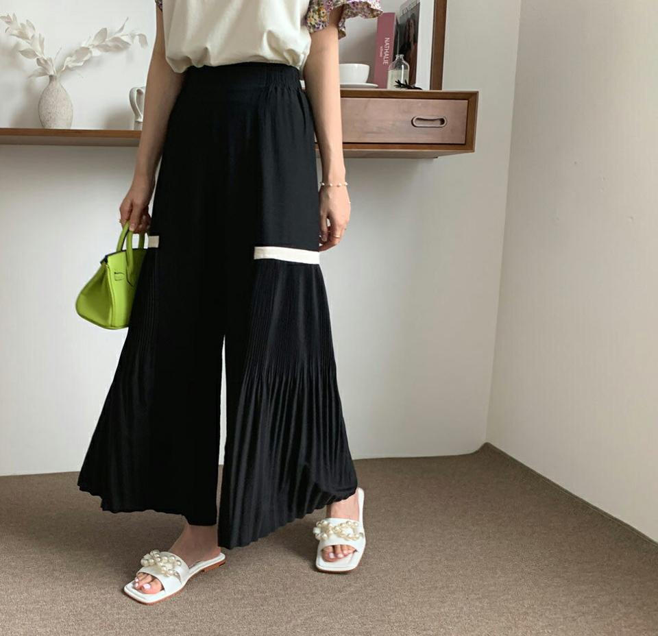 配色ラインサイドプリーツパンツ・全2色・b69133 レディース 【pt】 パンツ ズボン プリーツ ワイド 配色 カジュアル 体型カバー ラフ 春 夏 韓国 ファッション ハイホリHIHOLLI
