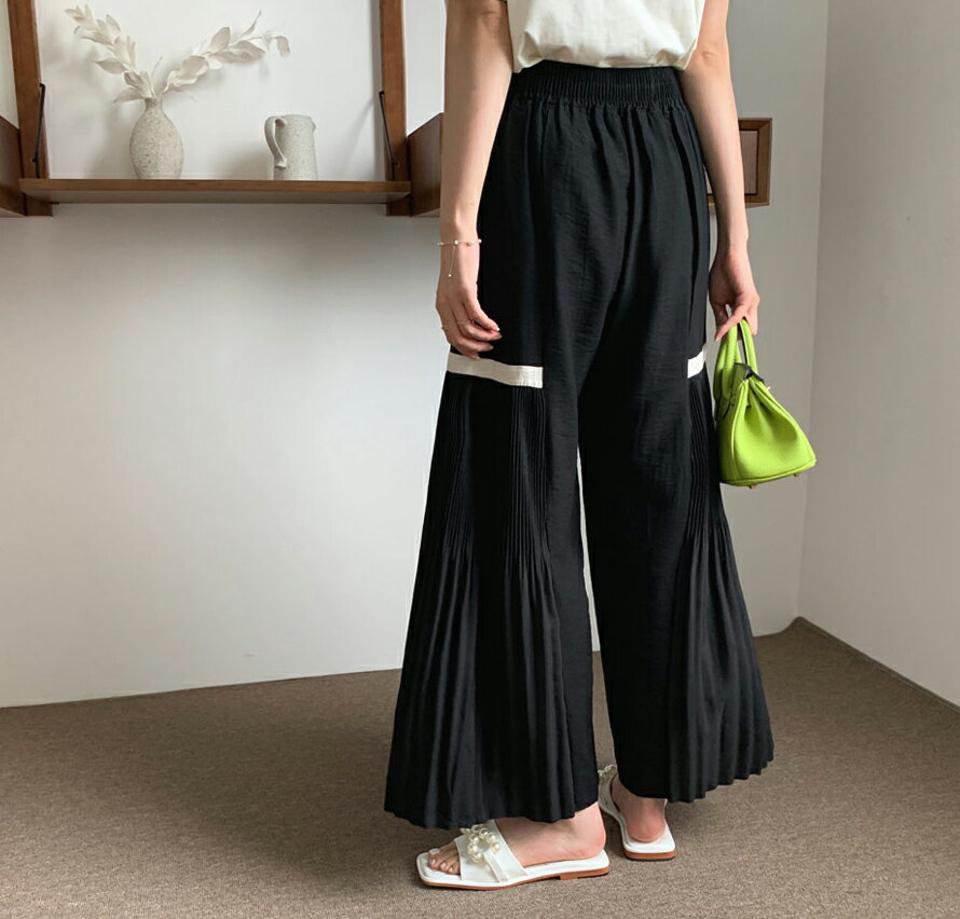 配色ラインサイドプリーツパンツ・全2色・b69133 レディース 【pt】 パンツ ズボン プリーツ ワイド 配色 カジュアル 体型カバー ラフ 春 夏 韓国 ファッション ハイホリHIHOLLI