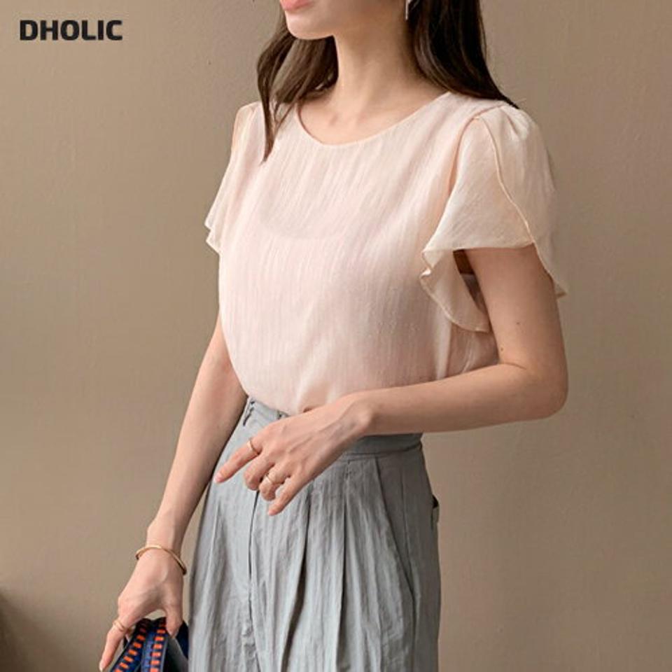 ラッフルスリーブブラウス・全4色・69118 レディース 【bl】 トップス ブラウス 半袖 ラッフル フリル 単色 無地 シンプル フェミニン 可愛い かわいい 春 夏 韓国 ファッション ハイホリHIHOLLI