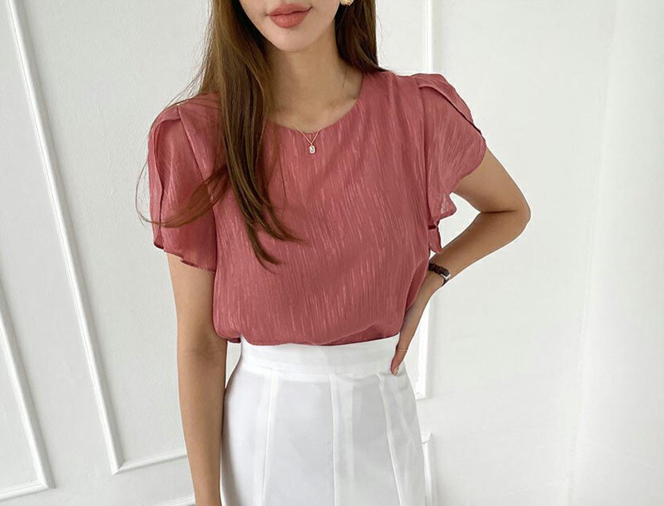 ラッフルスリーブブラウス・全4色・69118 レディース 【bl】 トップス ブラウス 半袖 ラッフル フリル 単色 無地 シンプル フェミニン 可愛い かわいい 春 夏 韓国 ファッション ハイホリHIHOLLI