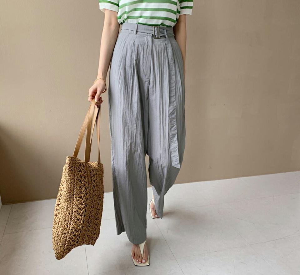 ベルト付リンクルワイドパンツ・全3色・t69132 レディース 【pt】 パンツ ズボン ロングパンツ ワイド リンクル ベルト シンプル ラフ カジュアル 春 夏 韓国 ファッション ハイホリHIHOLLI