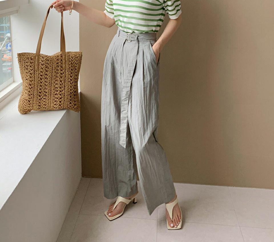 ベルト付リンクルワイドパンツ・全3色・t69132 レディース 【pt】 パンツ ズボン ロングパンツ ワイド リンクル ベルト シンプル ラフ カジュアル 春 夏 韓国 ファッション ハイホリHIHOLLI