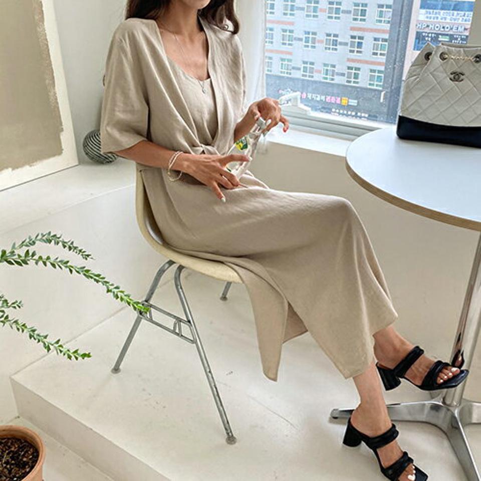 リネン混リボンブラウス&ノースリーブワンピースSET・全2色・t62388 レディース 【ops】 セット ワンピース ロング丈 スリーブレス ノースリーブ トップス ブラウス 半袖 リネン 単色 カジュアル 春 夏 韓国ファッション