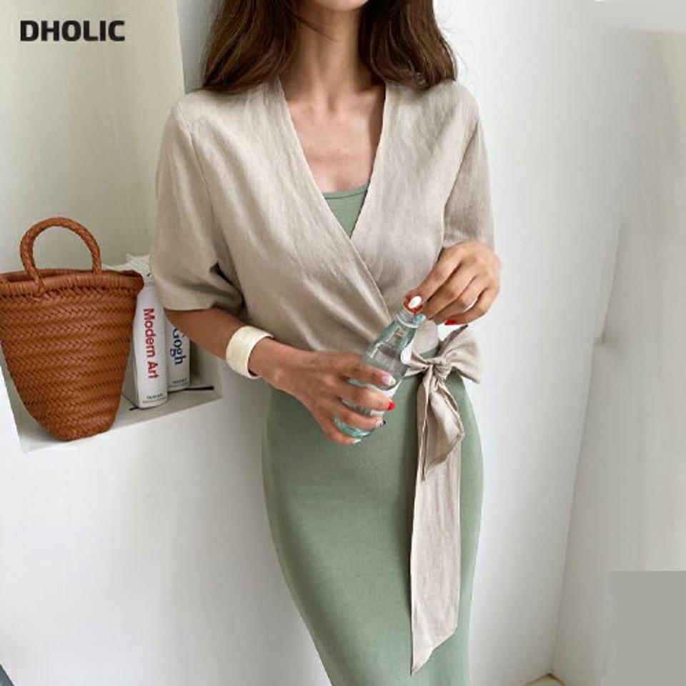 リネン混リボンブラウス・全2色・t62386 レディース 【bl】 トップス ブラウス りぼん リネン 半袖 ハーフスリーブ 単色 カジュアル クロップド丈 羽織物 ラフ 春 夏 韓国ファッション