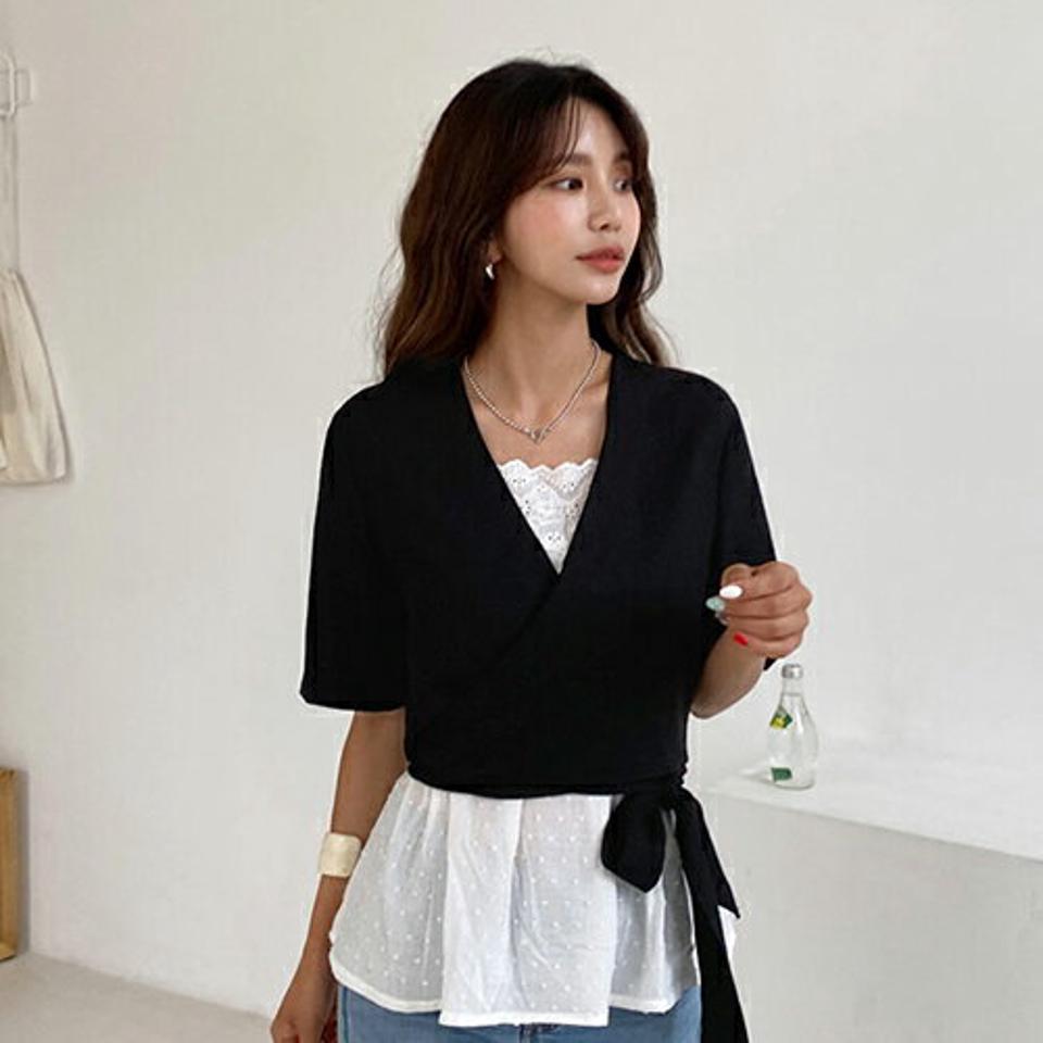 リネン混リボンブラウス・全2色・t62386 レディース 【bl】 トップス ブラウス りぼん リネン 半袖 ハーフスリーブ 単色 カジュアル クロップド丈 羽織物 ラフ 春 夏 韓国ファッション