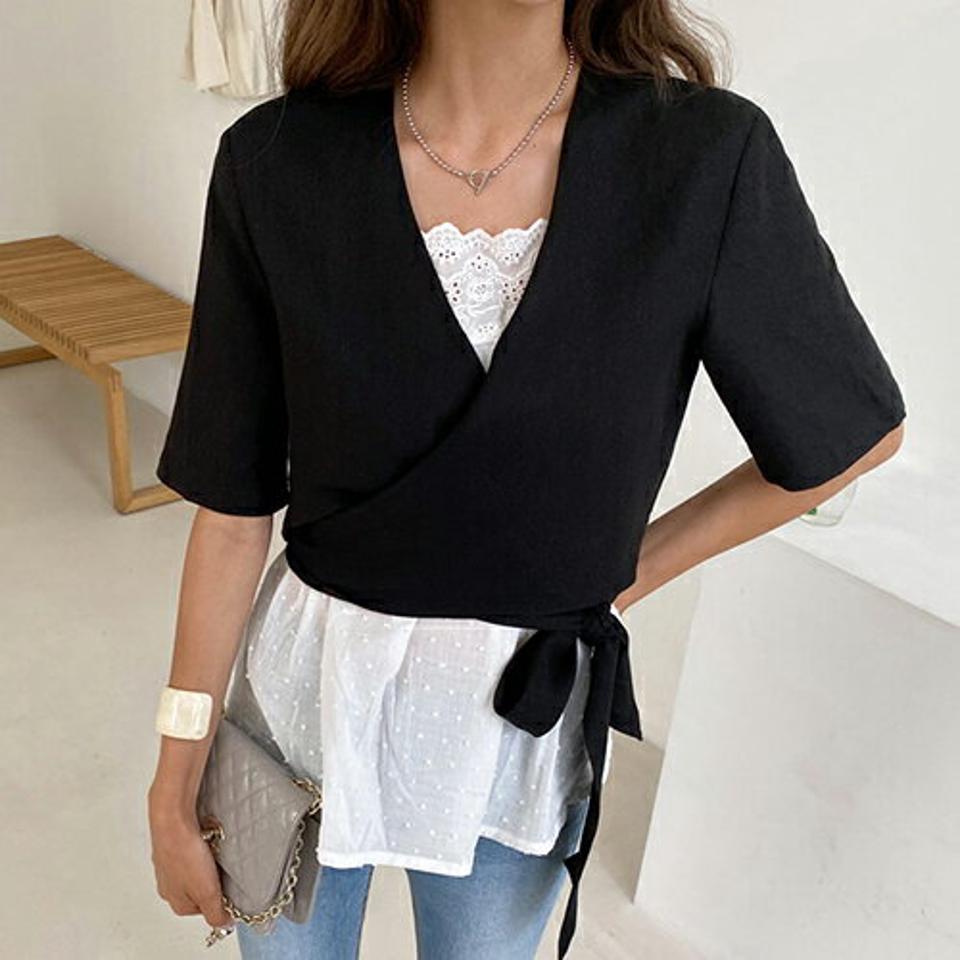 リネン混リボンブラウス・全2色・t62386 レディース 【bl】 トップス ブラウス りぼん リネン 半袖 ハーフスリーブ 単色 カジュアル クロップド丈 羽織物 ラフ 春 夏 韓国ファッション