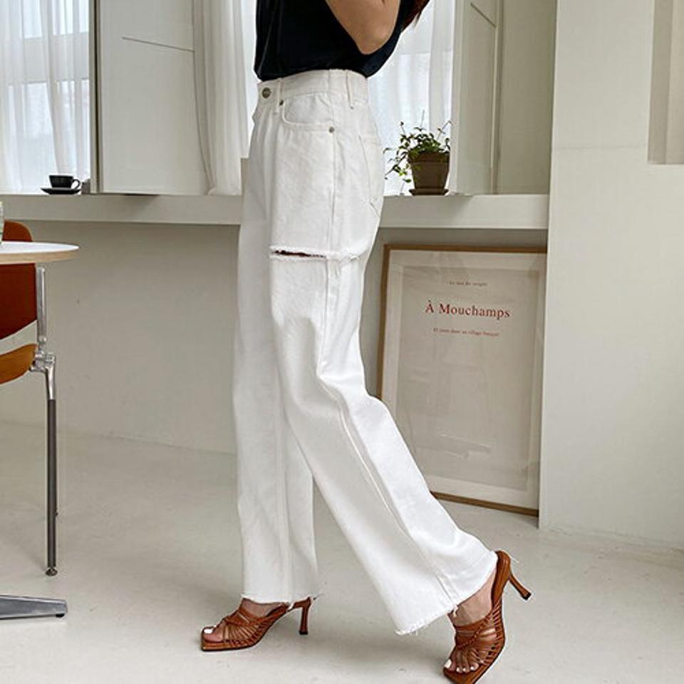 スリットワイドパンツ・全1色・t62393 レディース 【pt】 パンツ ズボン ロングパンツ ワイド スリット ダメージ シンプル カジュアル 切りっぱなし カットアウト ラフ 春 夏 秋 韓国 ファッション