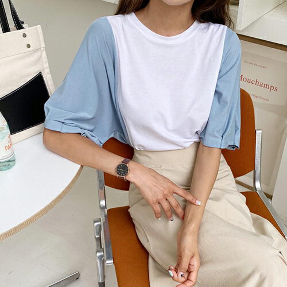 配色タックTシャツ・全3色・b62378 レディース 【tops】 トップス Tシャツ 配色 タック 半端丈 半袖 ハーフスリーブ 大人 カジュアル ラフ 春 夏 韓国 ファッション
