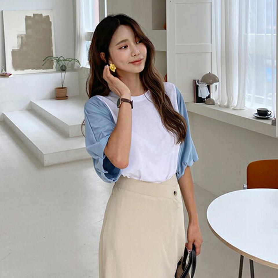 配色タックTシャツ・全3色・b62378 レディース 【tops】 トップス Tシャツ 配色 タック 半端丈 半袖 ハーフスリーブ 大人 カジュアル ラフ 春 夏 韓国 ファッション