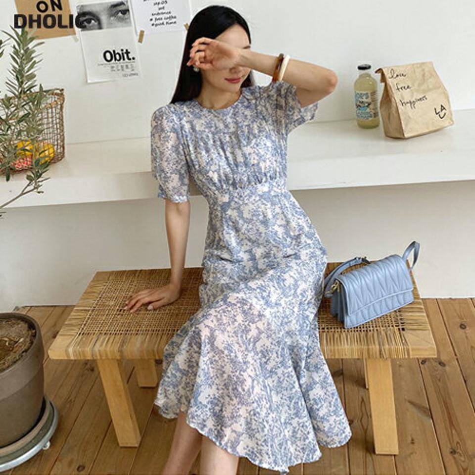 リボンフラワーワンピース・全2色・b65398 レディース 【ops】 ワンピース ミディ丈 ミディワンピース 半袖 花柄 フェミニン 上品 りぼん 大人 かわいい シフォン 揺れ感 春 夏 韓国 ファッション