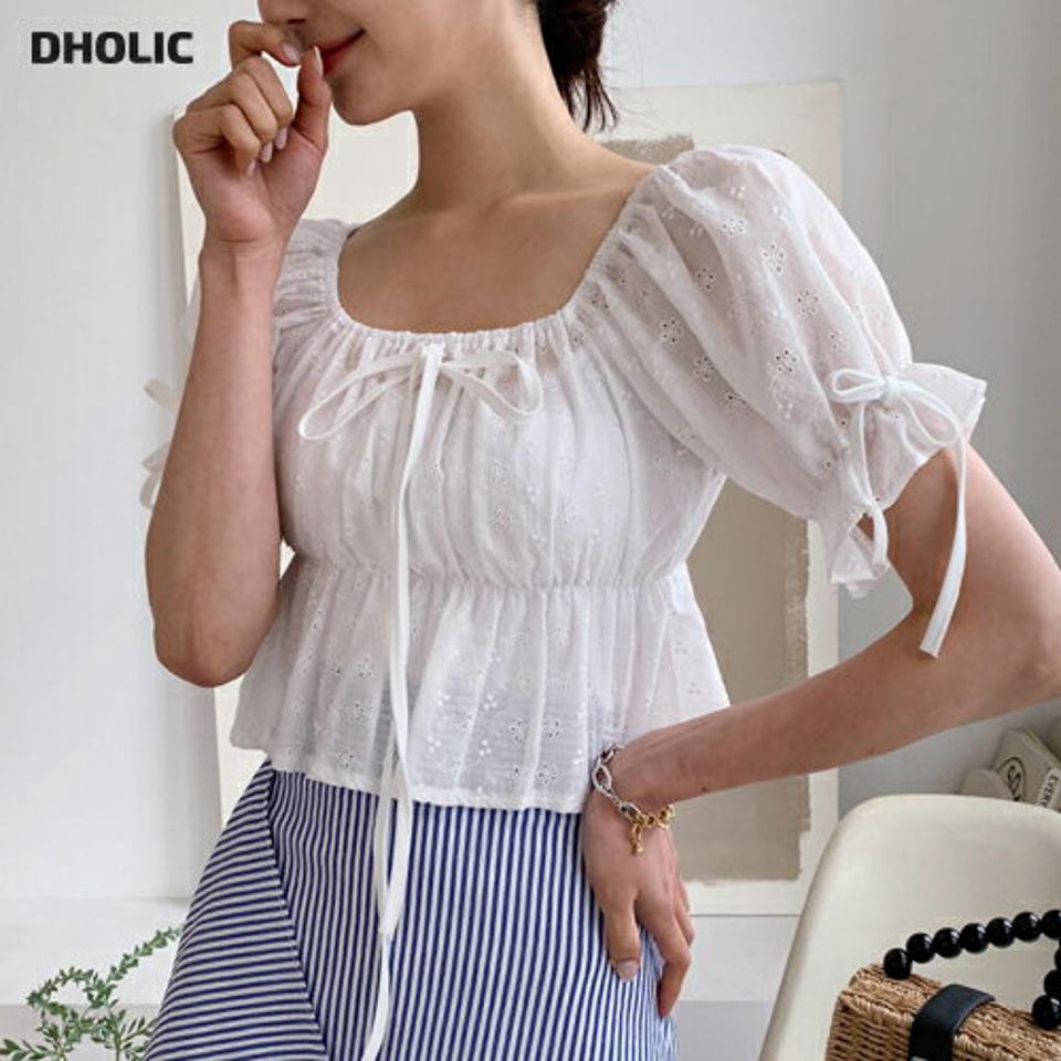 リボンアイレットレースブラウス・全2色・t65389 レディース 【bl】 トップス ブラウス 半袖 りぼん アイレット レース 総レース ガーリー 可愛い かわいい クロップド丈 春 夏 韓国 ファッション
