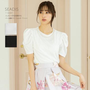 エレガントSTYLEを更新するパール装飾パワーショルダーTシャツ【seadis　シーディス】tocco closet(トッコクローゼット)ホワイト ブラック　トレンドライクなふんわりパワーショルダー