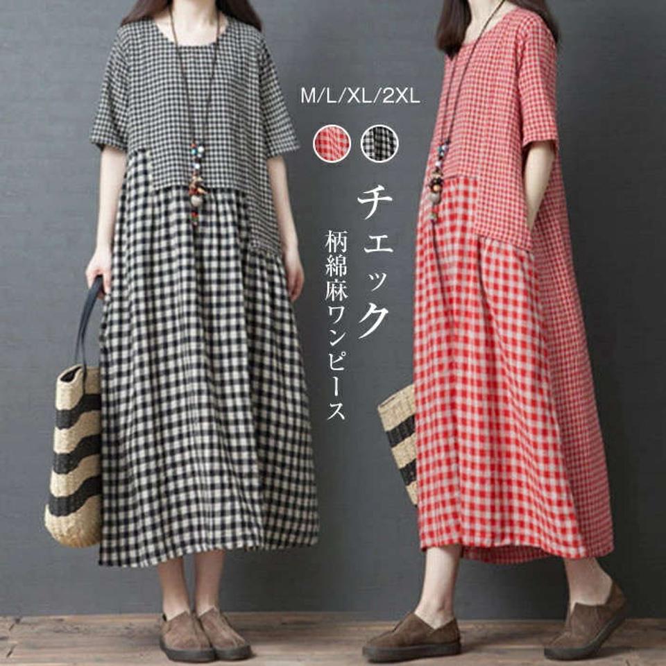 ワンピース レディース ロングワンピース 春夏 チェック柄　半袖 ワンピース 綿麻風 きれいめ 大きいサイズ きれいめ 着痩せ 通勤 大人 上品 切り替え チェック柄ワンピース 新作 韓国風 妊婦服 可愛い　上品　送料無料