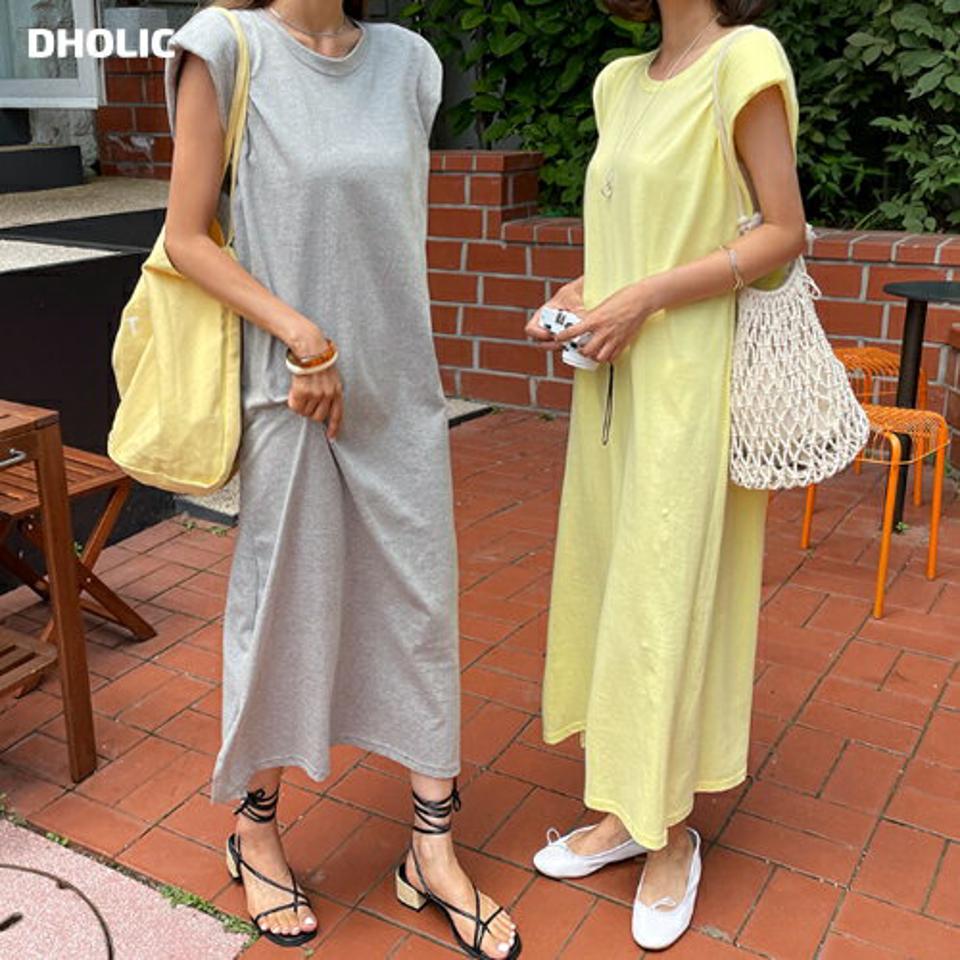 パッドショルダーワンピース・全3色・b62389 レディース 【ops】 ワンピース ロング丈 パッド フレンチスリーブ ショートスリーブ Hライン 単色 無地 シンプル ベーシック 体型カバー カジュアル ラフ 大人 スリット リゾート 春 夏 韓国ファッション231