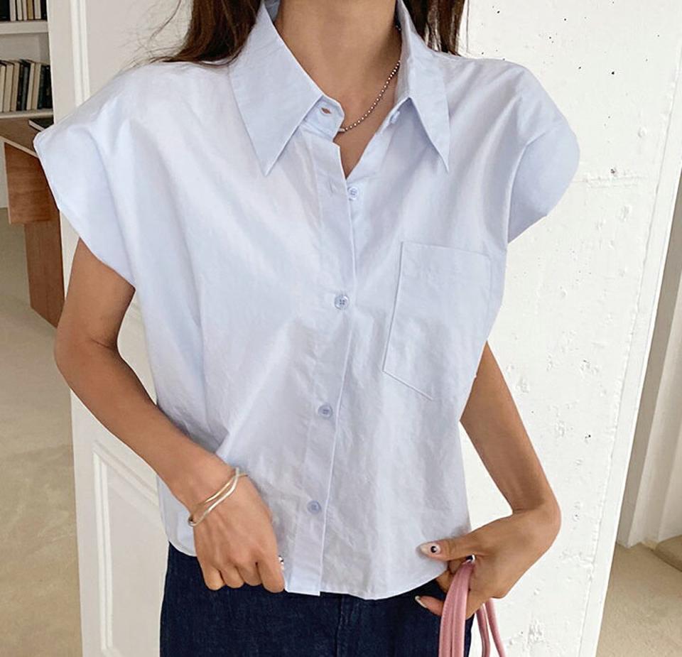 パッドショルダーシャツ・全3色・t62379 レディース 【bl】 トップス シャツ パッド フレンチスリーブ ショートスリーブ 単色 無地 シンプル 大人 きれいめ 春 夏 韓国 ファッション