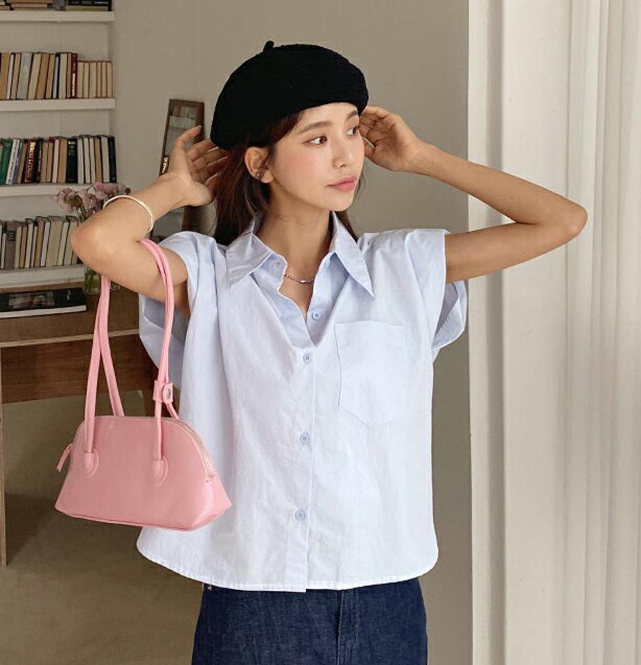 パッドショルダーシャツ・全3色・t62379 レディース 【bl】 トップス シャツ パッド フレンチスリーブ ショートスリーブ 単色 無地 シンプル 大人 きれいめ 春 夏 韓国 ファッション