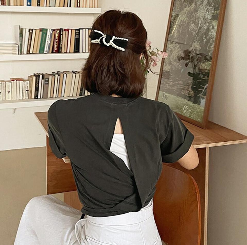 リボンラップ半袖Tシャツ・全3色・t62376 レディース 【tops】 トップス Tシャツ 半袖 バックシャン カジュアル 背中見せ ラフ ラップデザイン 春 夏 韓国 ファッション