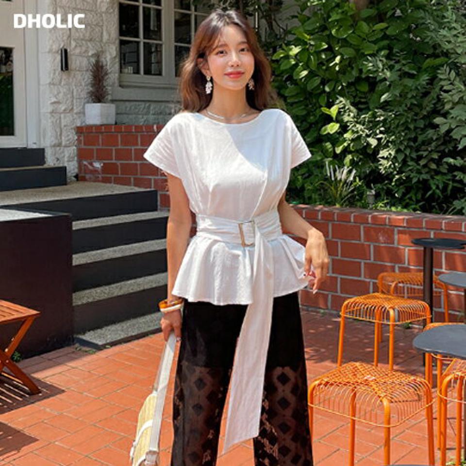 ベルト付ショートスリーブブラウス・全3色・b62382 レディース 【bl】 トップス ブラウス ショートスリーブ 半袖 ベルト 単色 ウエストマーク リネン シンプル カジュアル 春 夏 韓国 ファッション