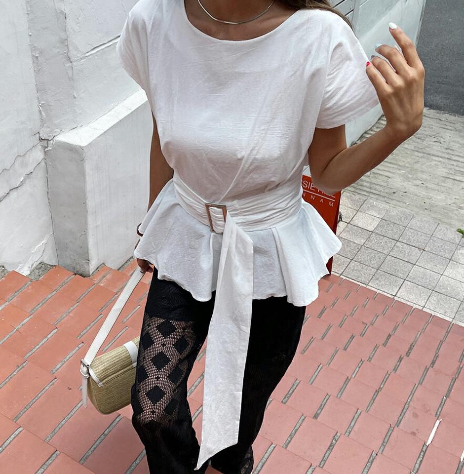 ベルト付ショートスリーブブラウス・全3色・b62382 レディース 【bl】 トップス ブラウス ショートスリーブ 半袖 ベルト 単色 ウエストマーク リネン シンプル カジュアル 春 夏 韓国 ファッション