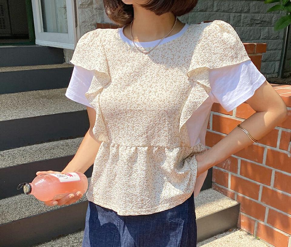 花柄フリルTシャツ・全3色・t62380 レディース 【tops】 トップス Tシャツ 半袖 花柄 小花柄 フリル 可愛い かわいい レイヤード風 ガーリー 春 夏 韓国 ファッション
