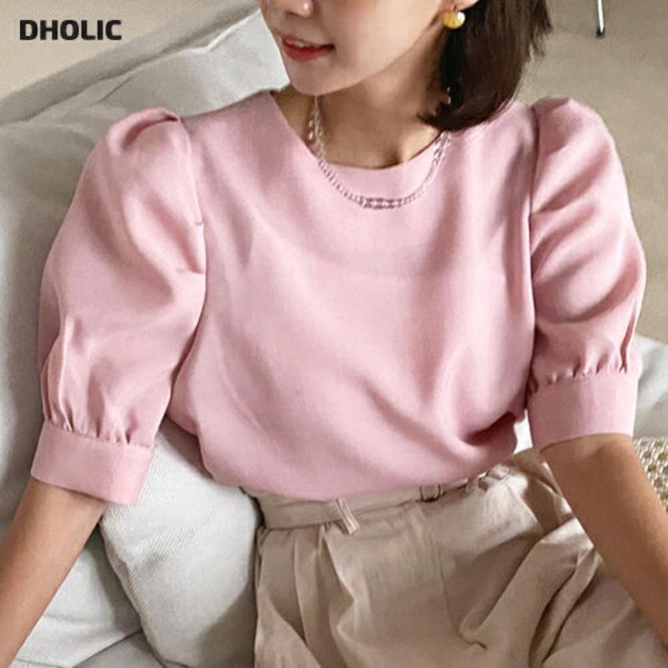 パール調ボタンパフブラウス・全4色・b62377 レディース 【bl】 トップス ブラウス 半袖 ハーフスリーブ パールボタン 単色 無地 シンプル フェミニン 大人 パフ袖 パフスリーブ かわいい 春 夏 韓国 ファッション