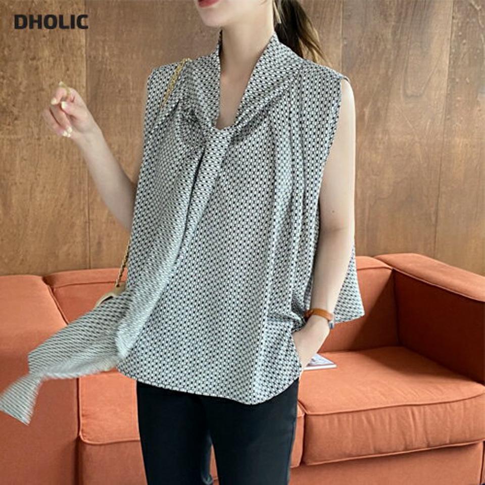 ハイネックリボンパターンスリーブレス・全2色・t69212 レディース 【tops】 トップス スリーブレス ノースリーブ ハイネック りぼん 総柄 モダン 大人 アンバランス 春 夏 韓国ファッション ハイホリHIHOLLI