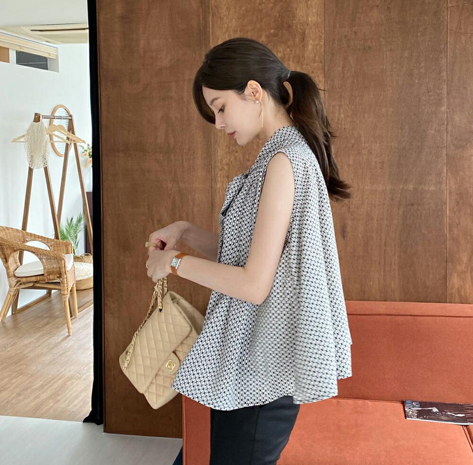 ハイネックリボンパターンスリーブレス・全2色・t69212 レディース 【tops】 トップス スリーブレス ノースリーブ ハイネック りぼん 総柄 モダン 大人 アンバランス 春 夏 韓国ファッション ハイホリHIHOLLI