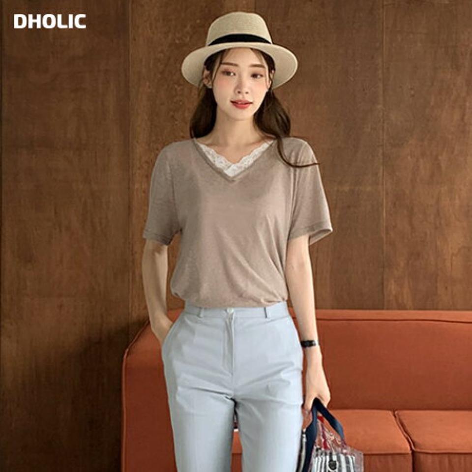 リネン混レース配色Tシャツ・全3色・b69208 レディース 【tops】 トップス Tシャツ 半袖 レース リネン 配色 大人 かわいい 可愛い スカラップ 春 夏 韓国 ファッション ハイホリHIHOLLI