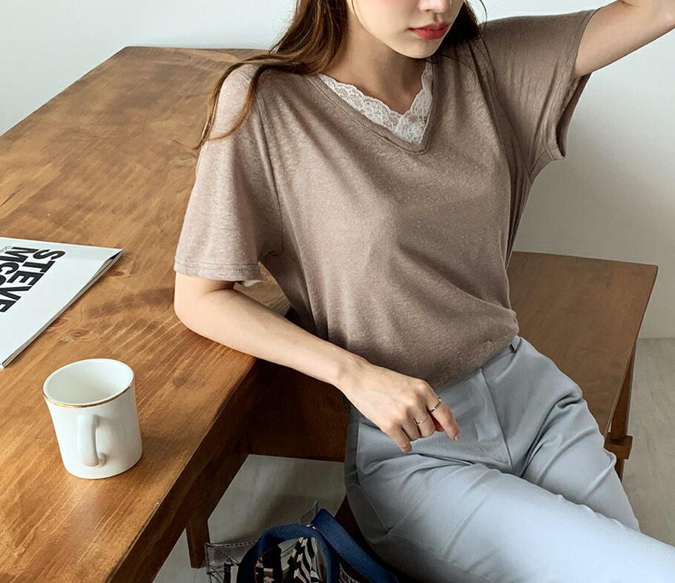 リネン混レース配色Tシャツ・全3色・b69208 レディース 【tops】 トップス Tシャツ 半袖 レース リネン 配色 大人 かわいい 可愛い スカラップ 春 夏 韓国 ファッション ハイホリHIHOLLI